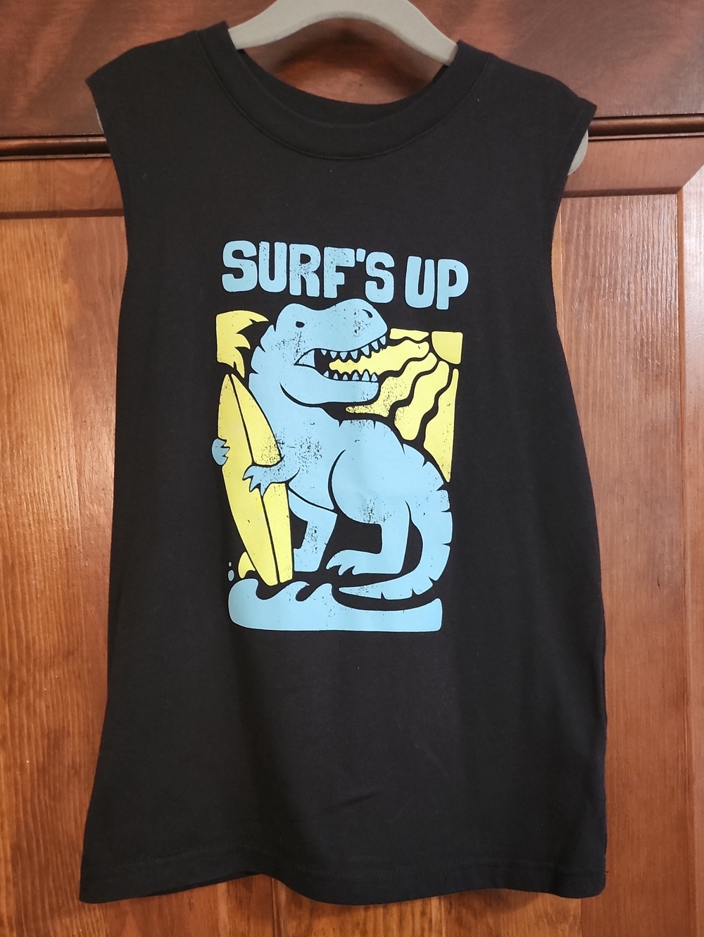 Kids Jumping beans Black Tank w/ Blue & Yellow 'Surf's Up' Dino Graphic (Size 7)